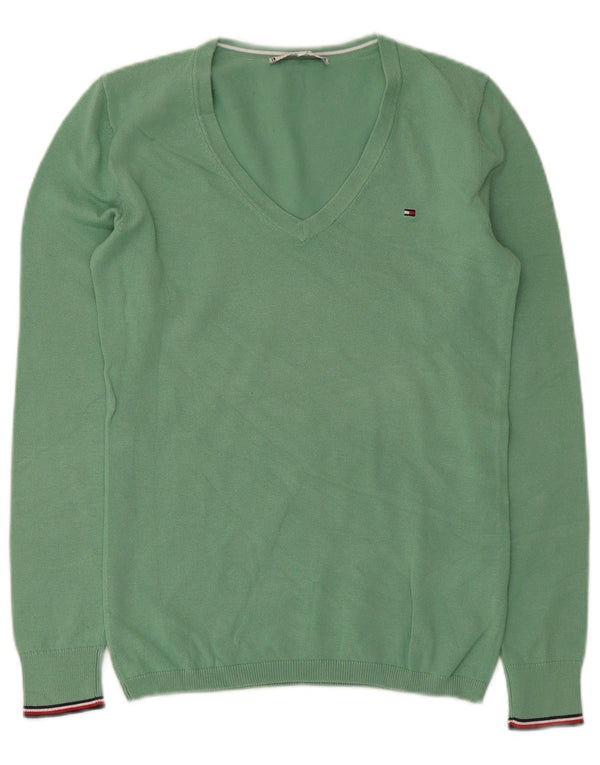 Tommy Hilfiger Womens V-Neck Jumper Sweater UK 6 XS Green Cotton