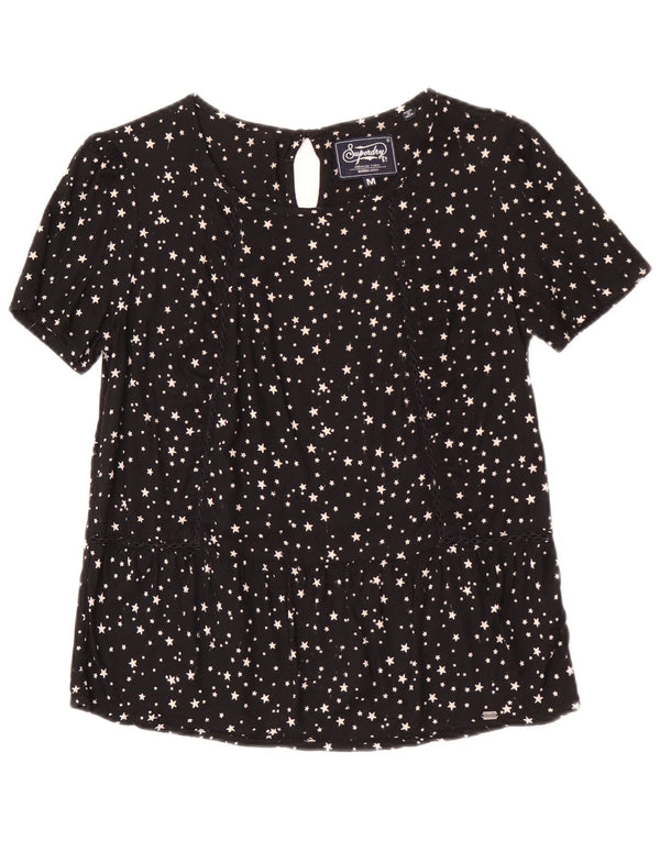 Superdry Womens Blouse Top UK 12 Medium Black Spotted Viscose