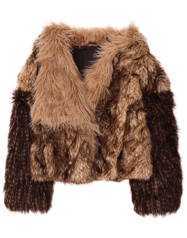 ZARA Womens Crop Open Faux Fur Jacket UK 10 Small Brown Animal Print