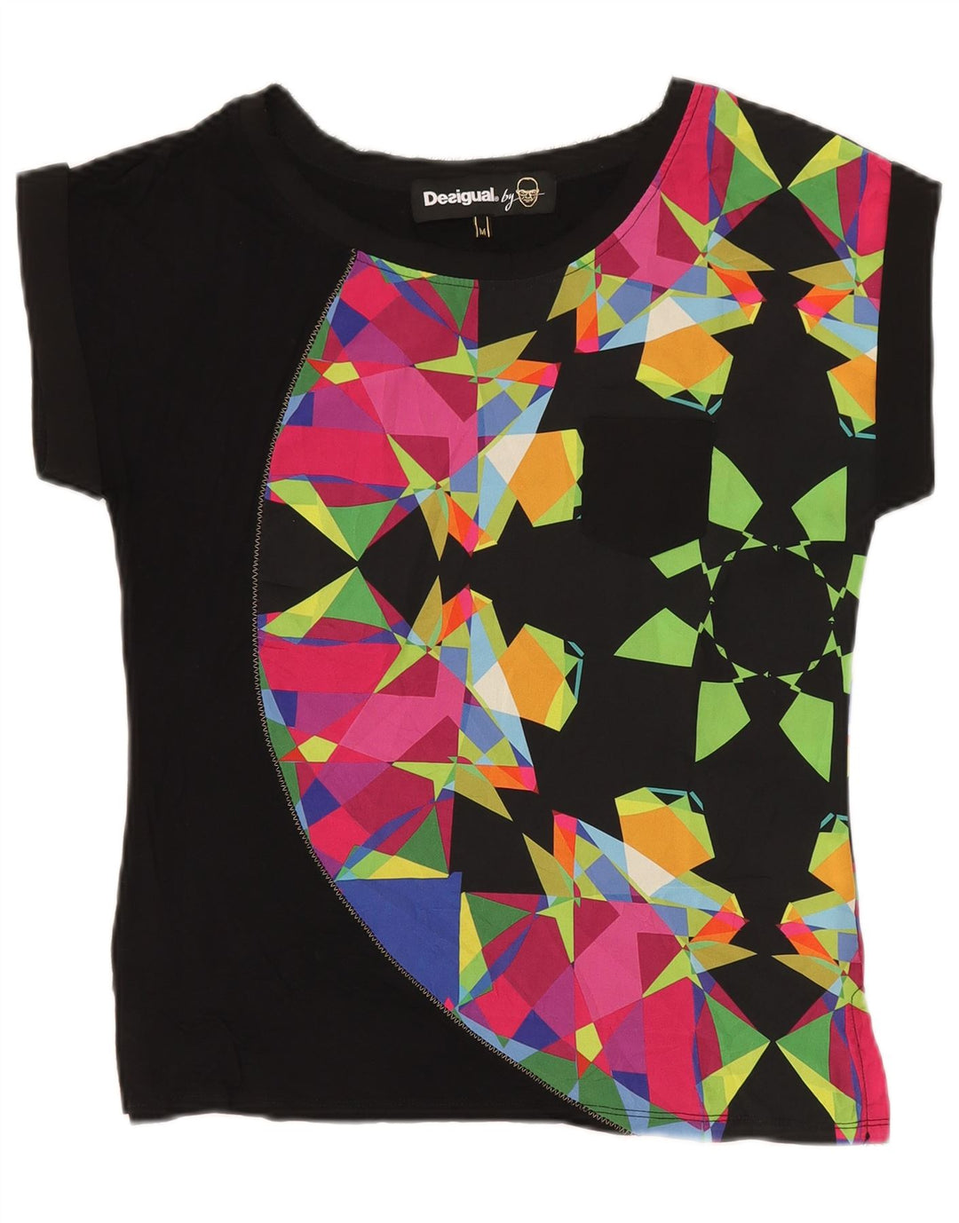 Desigual Womens T-Shirt Top UK 12 Medium Black Geometric