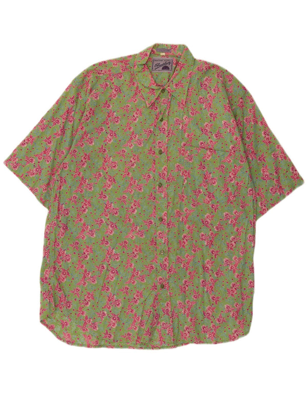 Vintage Mens Short Sleeve Shirt Medium Green Floral Cotton
