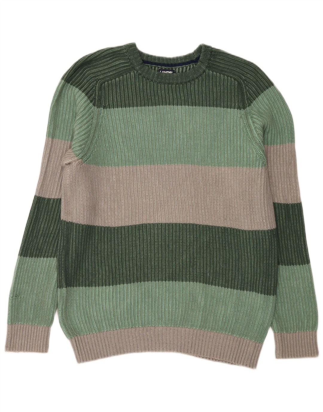Lands End Mens Crew Neck Jumper Sweater Small Green Striped Cotton