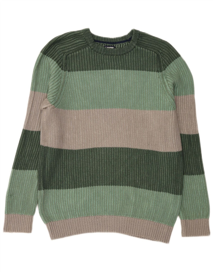 Lands End Mens Crew Neck Jumper Sweater Small Green Striped Cotton