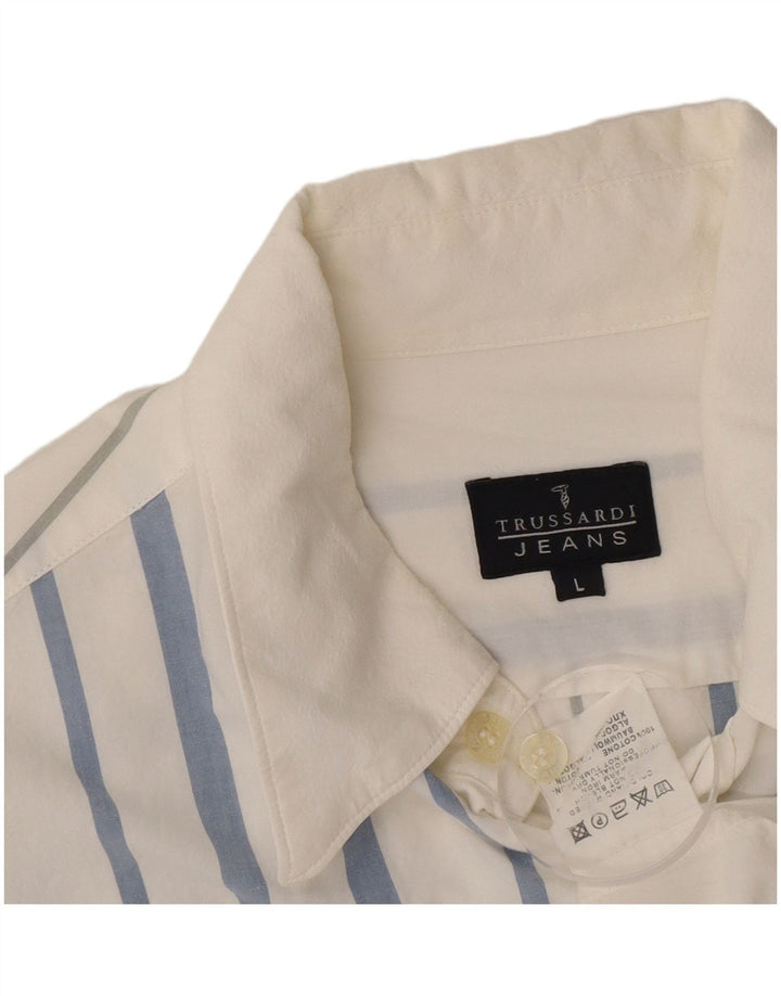 Trussardi Jeans Mens Shirt Large White Striped Cotton