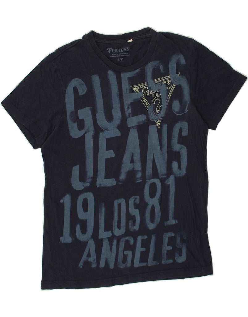 GUESS Womens Graphic T-Shirt Top UK 10 Small Navy Blue Cotton | Vintage Guess | Thrift | Second-Hand Guess | Used Clothing | Messina Hembry 