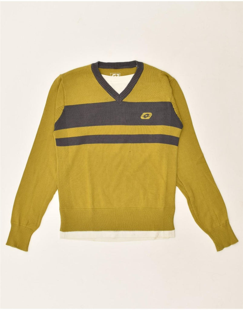 LOTTO Womens V-Neck Jumper Sweater UK 12 Medium Yellow Colourblock Cotton | Vintage Lotto | Thrift | Second-Hand Lotto | Used Clothing | Messina Hembry 