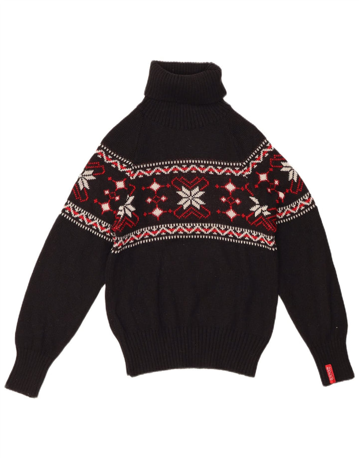 Vintage Womens Snowflake Roll Neck Jumper Sweater UK 12 Medium Black Winter