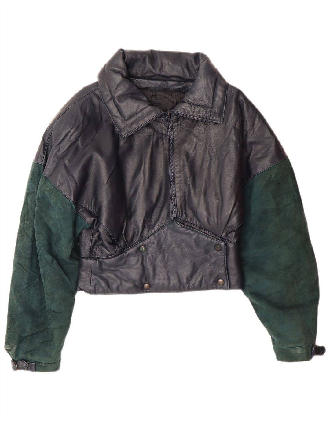 VINTAGE Womens Crop Leather Jacket UK 6 XS Navy Blue