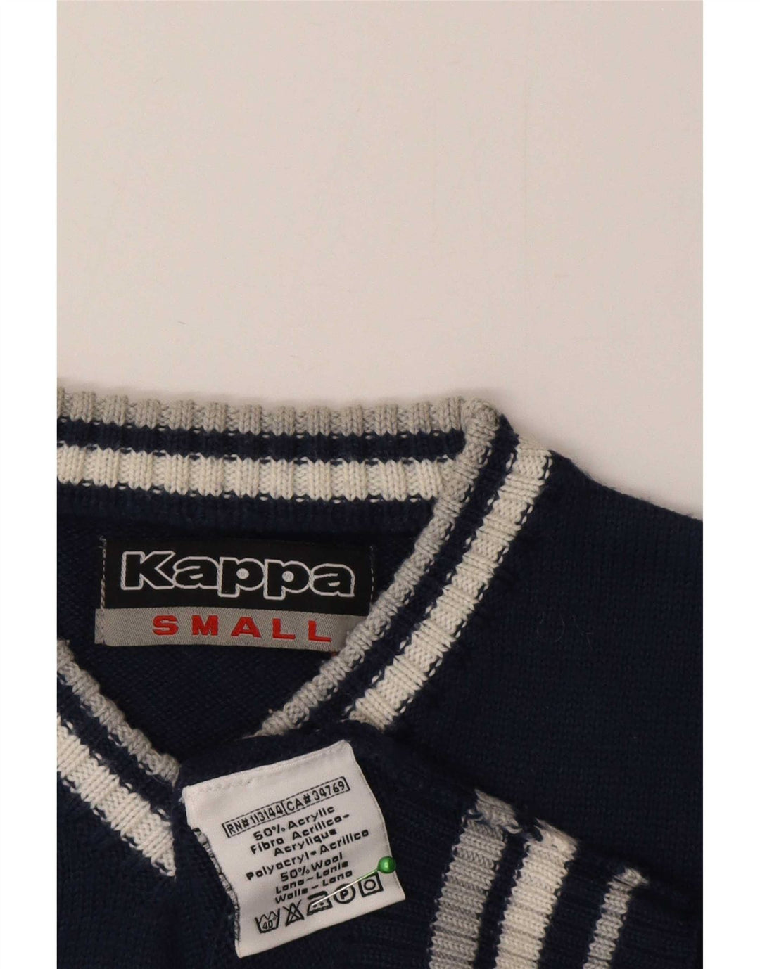 Kappa Mens V-Neck Jumper Sweater Small Navy Blue Striped Acrylic