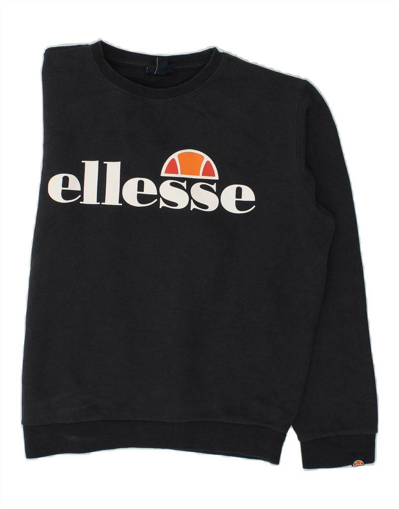 ELLESSE Womens Graphic Sweatshirt Jumper UK 14 Large Navy Blue Cotton | Vintage Ellesse | Thrift | Second-Hand Ellesse | Used Clothing | Messina Hembry 