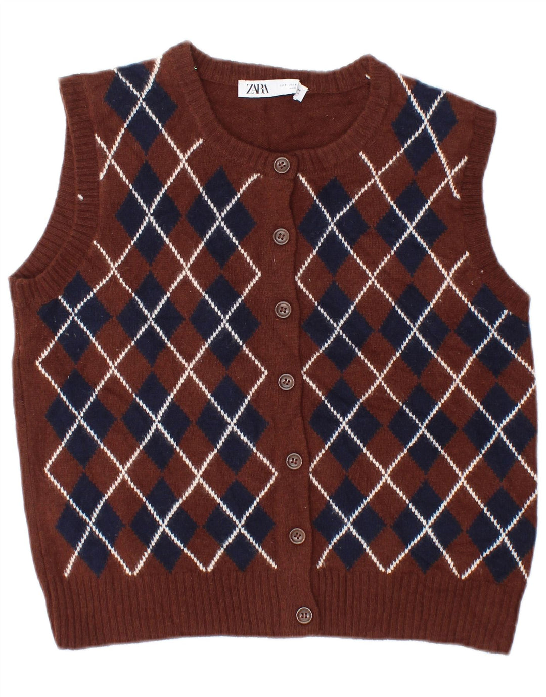 Zara Womens Sleeveless Cardigan Sweater UK 10 Small Brown Argyle/Diamond