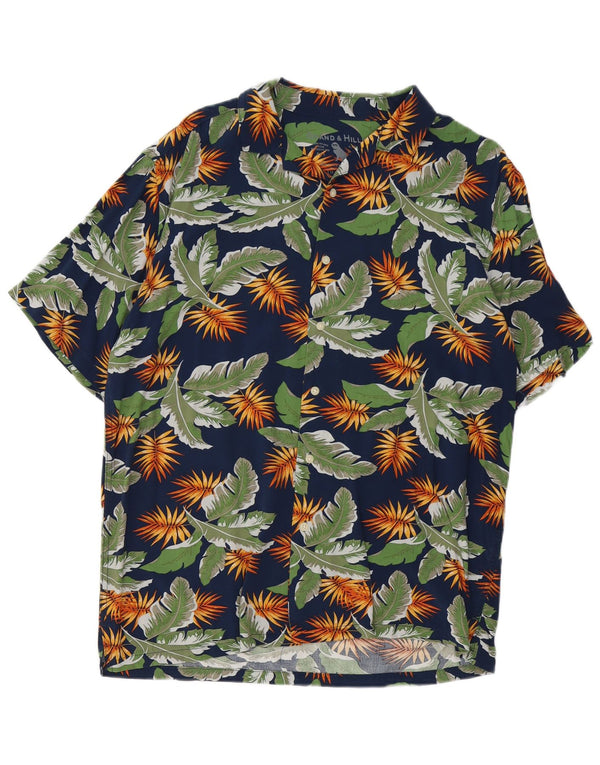 Grand & Hills Mens Short Sleeve Shirt Medium Navy Blue Floral Hawaiian