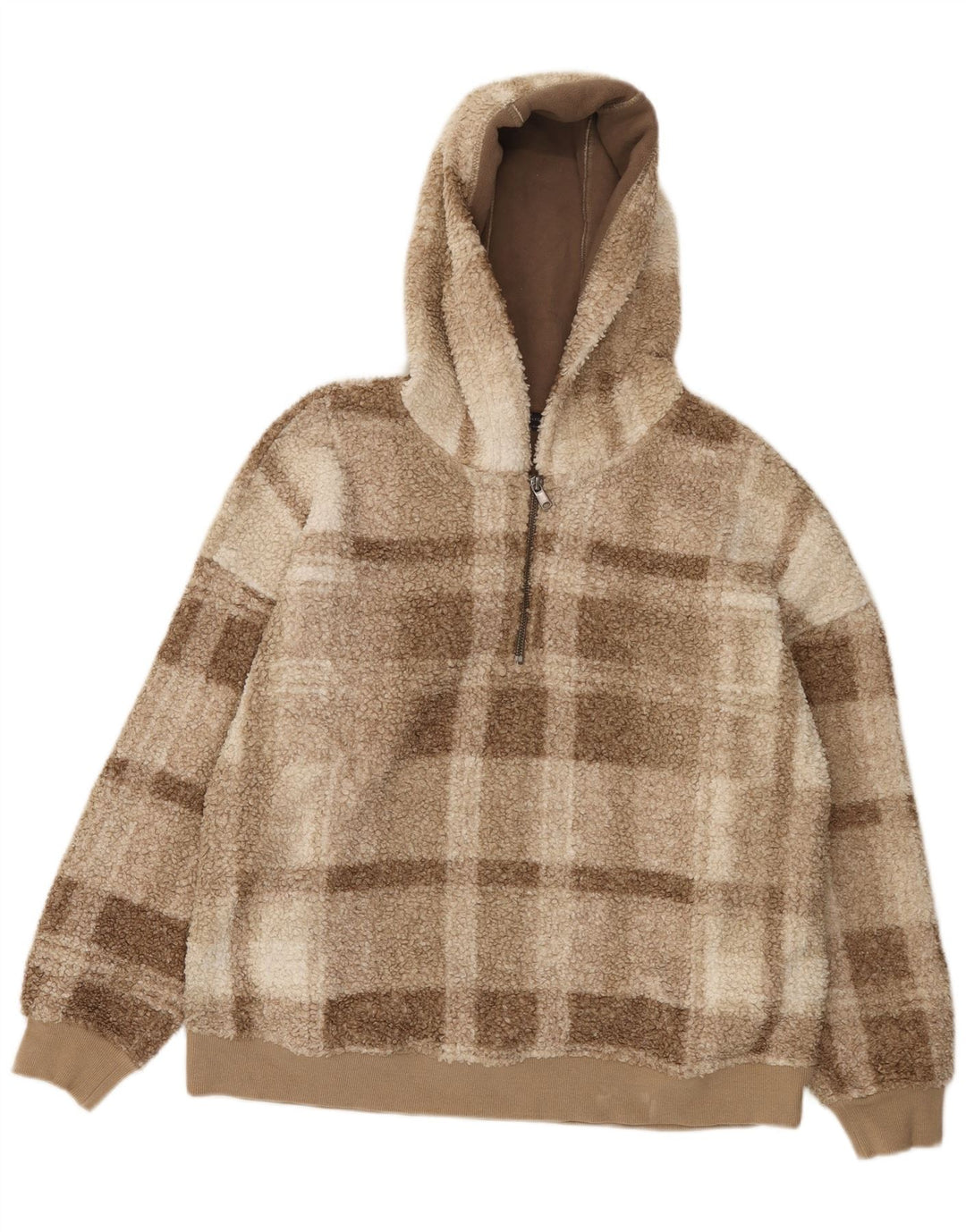 Marks & Spencer Womens Zip Neck Fleece Jumper UK 14 Medium Brown Check