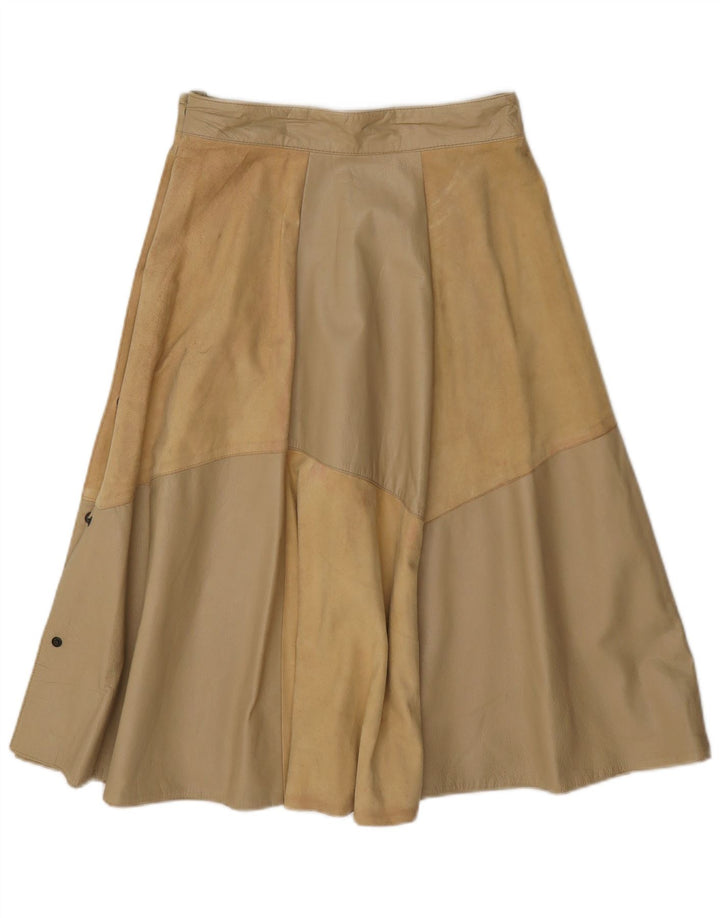 Vintage Womens Leather Flared Skirt IT 42 Medium W26 Beige Colourblock