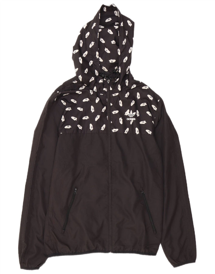 Adidas Mens Graphic Hooded Rain Jacket UK 36 Small Black Polyester