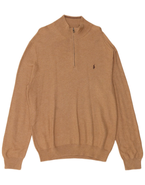 Polo Ralph Lauren Mens Zip Neck Jumper Sweater XL Beige Cotton