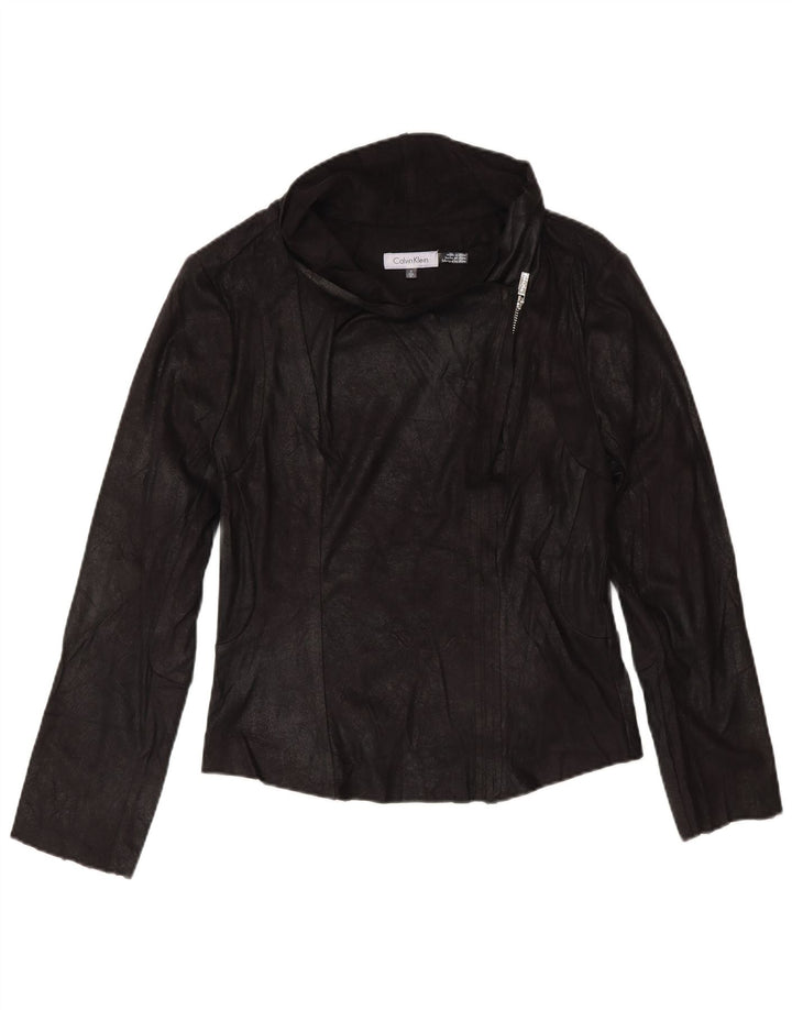 Calvin Klein Womens Faux Leather Bomber Jacket UK 10 Small Black Biker