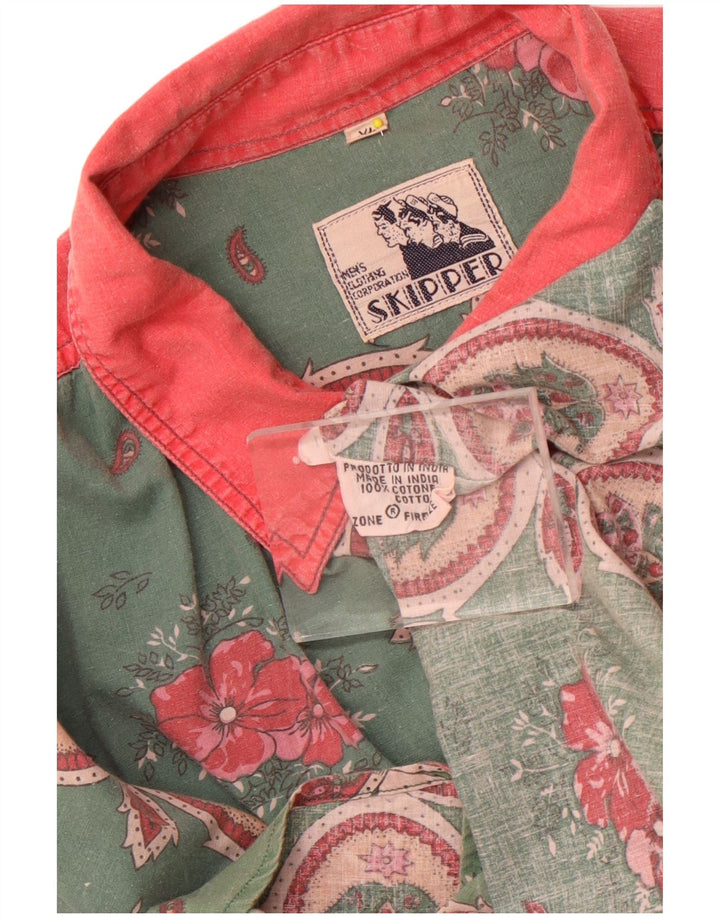 Vintage Mens Short Sleeve Shirt XL Green Floral Cotton