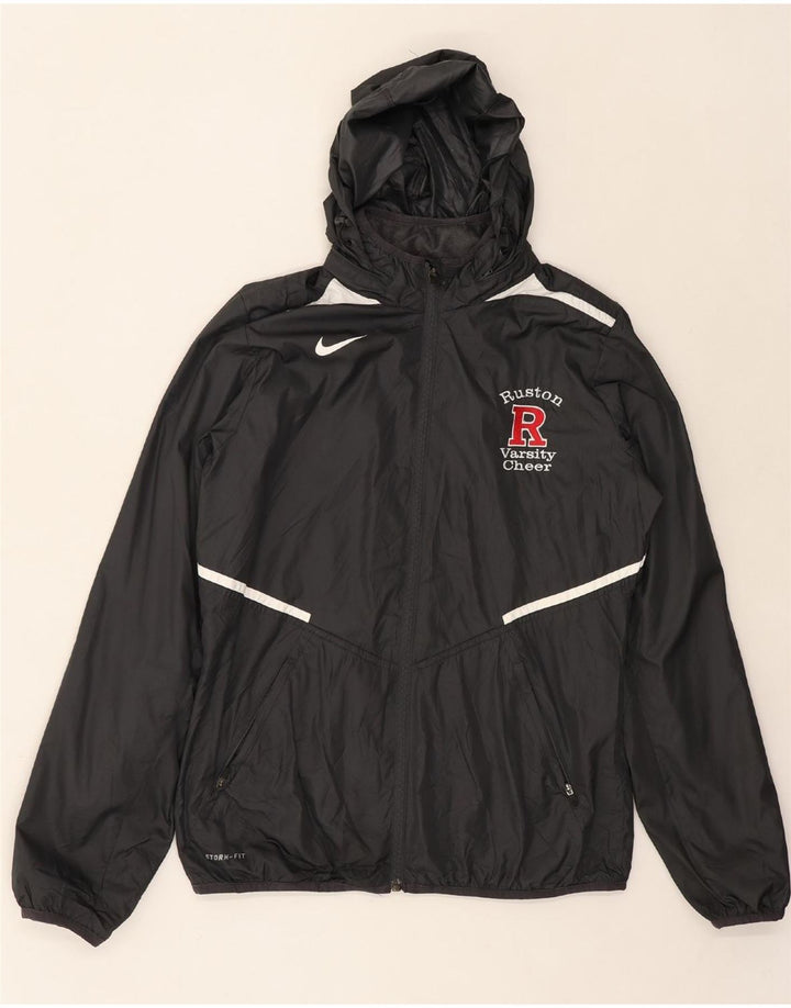 NIKE Womens Graphic Hooded Rain Jacket UK 14 Medium Black Polyester Vintage Nike and Second-Hand Nike from Messina Hembry 