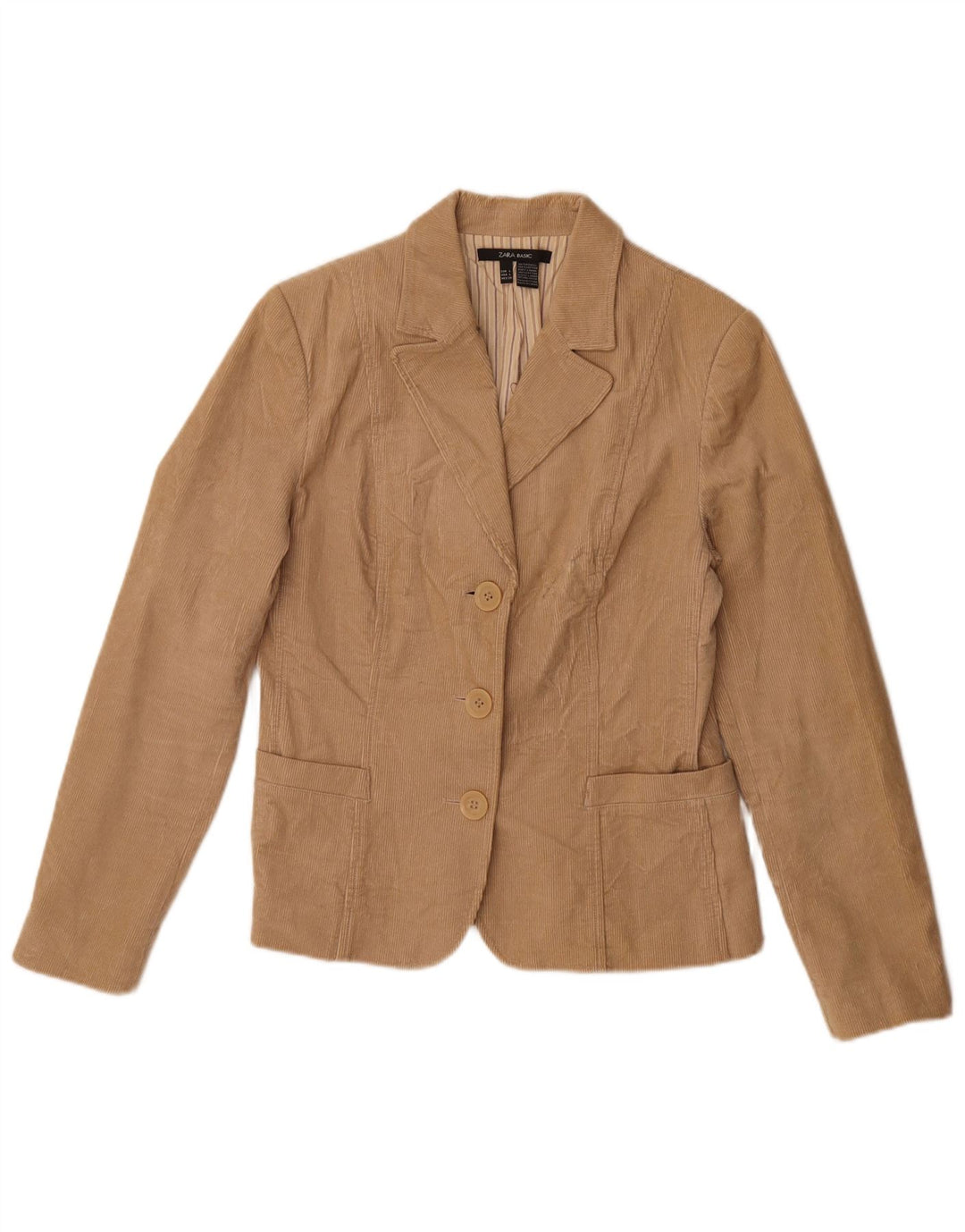 Zara Womens 3 Button Corduroy Blazer Jacket UK 14 Large Beige Cotton