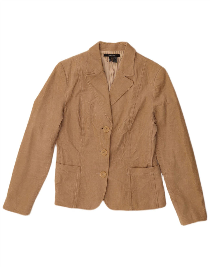 Zara Womens 3 Button Corduroy Blazer Jacket UK 14 Large Beige Cotton