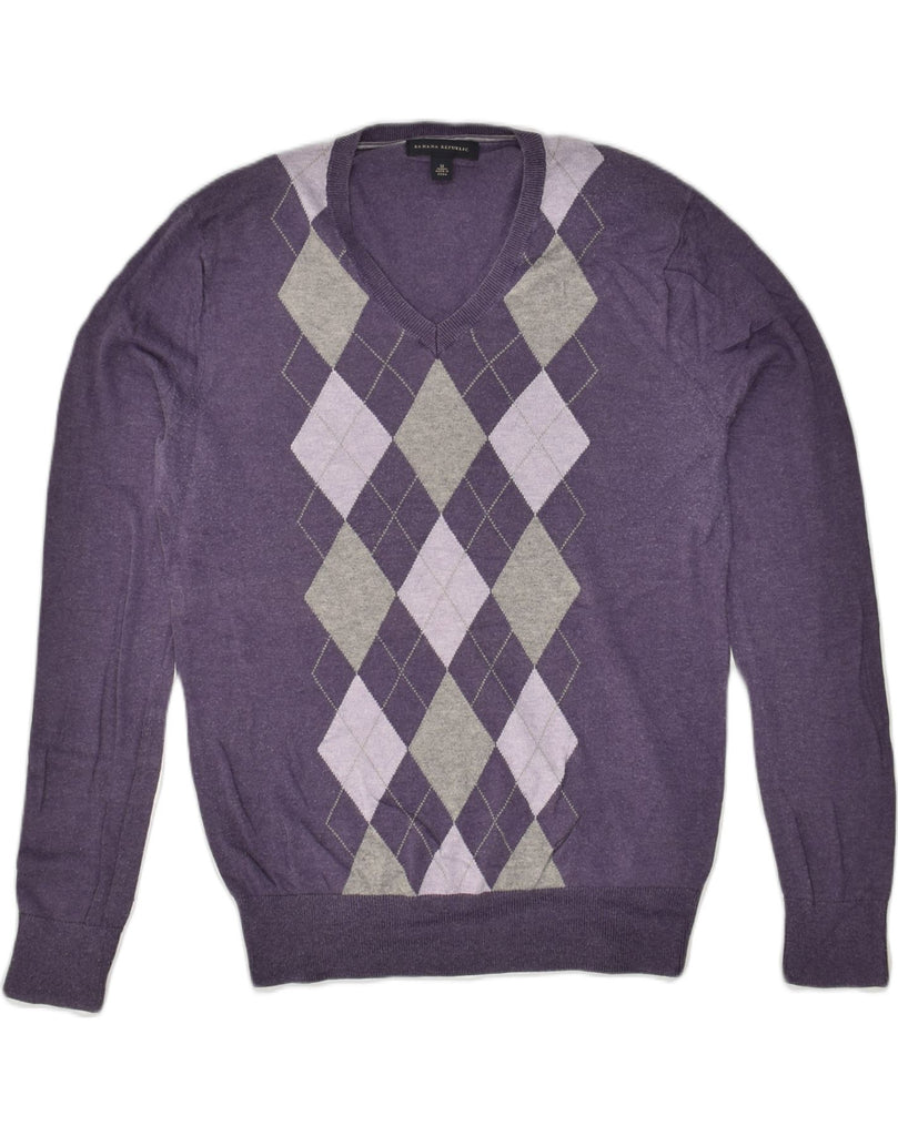 BANANA REPUBLIC Mens V-Neck Jumper Sweater Medium Purple Argyle/Diamond | Vintage Banana Republic | Thrift | Second-Hand Banana Republic | Used Clothing | Messina Hembry 