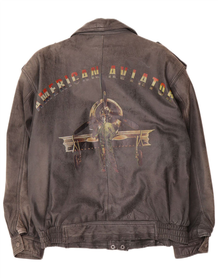Vintage Mens Military Graphic Leather Jacket IT 50 Large Black