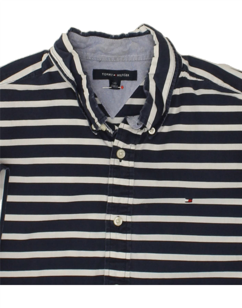 TOMMY HILFIGER Mens Short Sleeve Shirt Large Navy Blue Striped Cotton | Vintage Tommy Hilfiger | Thrift | Second-Hand Tommy Hilfiger | Used Clothing | Messina Hembry 