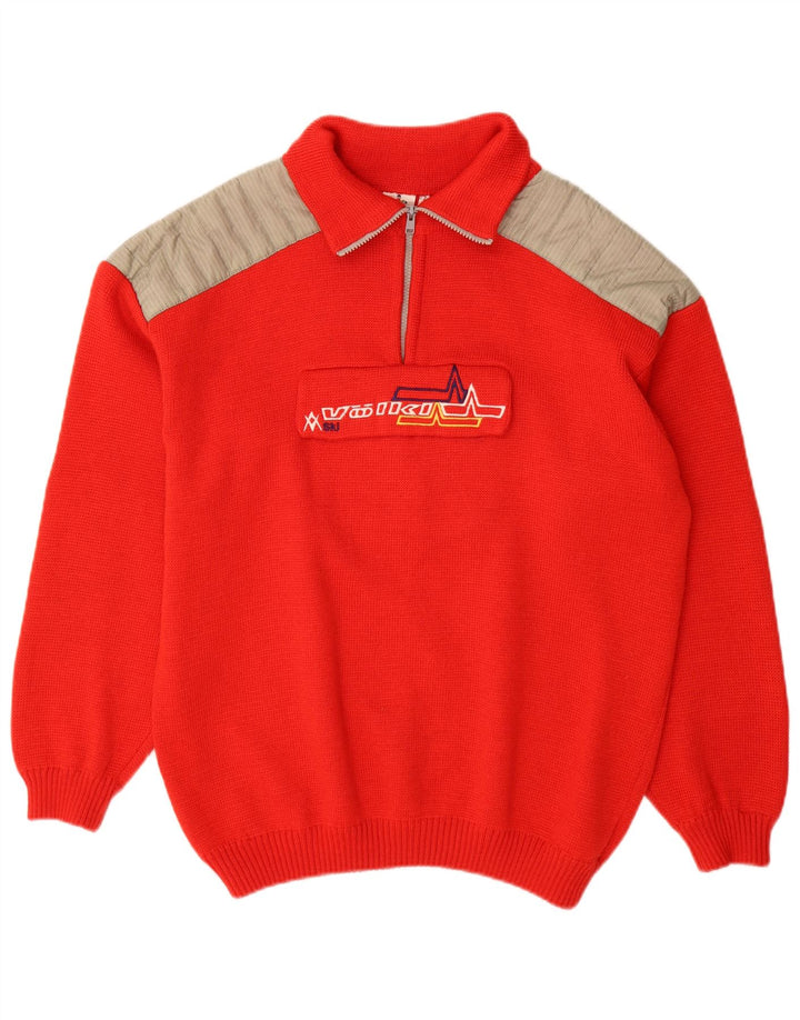 Volkl Mens Zip Neck Jumper Sweater IT 52 Large Red Colourblock Wool
