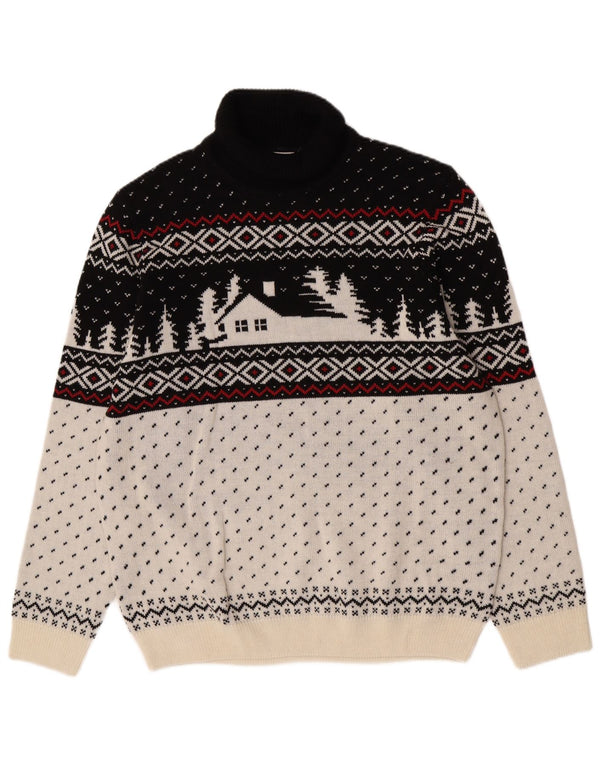C&A Mens Roll Neck Jumper Sweater XL White Fair Isle Acrylic