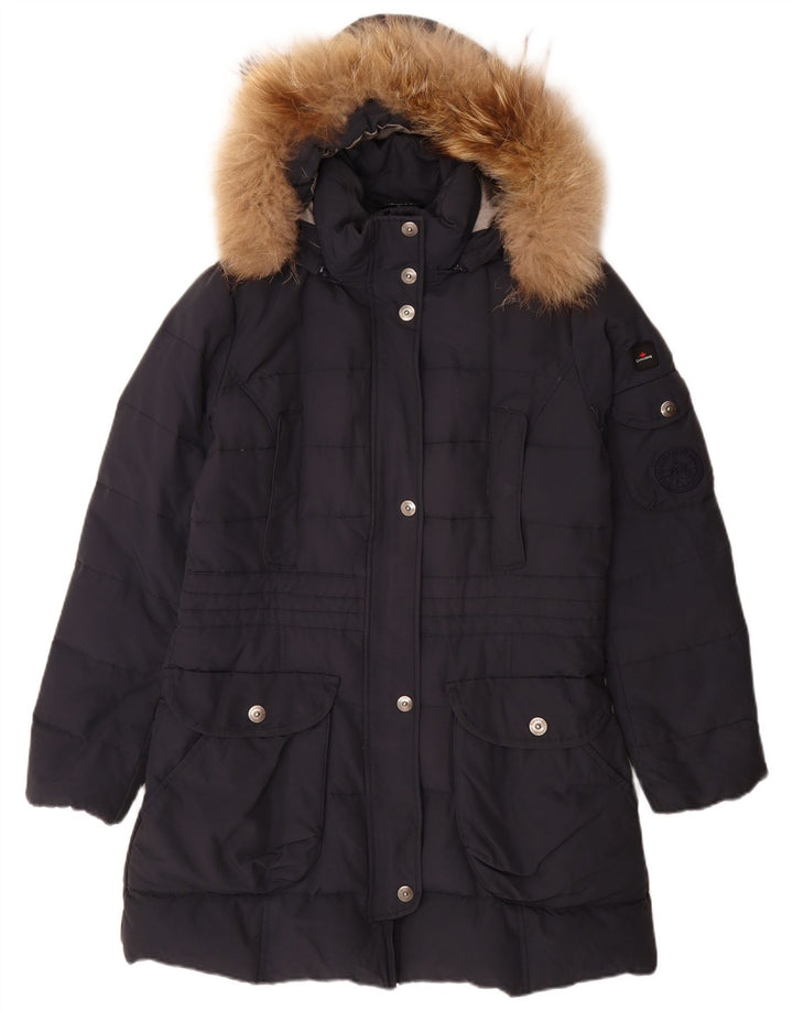 Canadiens Womens Hooded Padded Coat IT 46 Large Navy Blue Cotton
