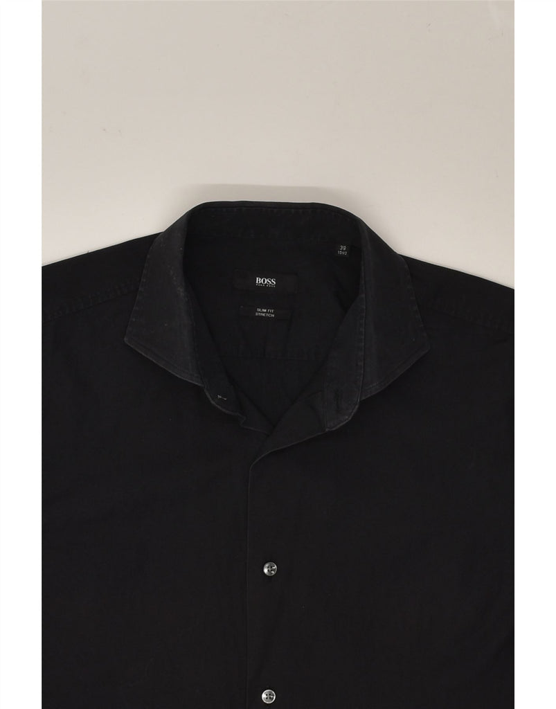 HUGO BOSS Mens Stretch Slim Fit Shirt Size 15 1/2 39 Medium Black Cotton | Vintage Hugo Boss | Thrift | Second-Hand Hugo Boss | Used Clothing | Messina Hembry 