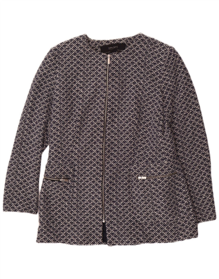 Zara Womens Abstract Pattern Blazer Jacket UK 14 Large Navy Blue Cotton