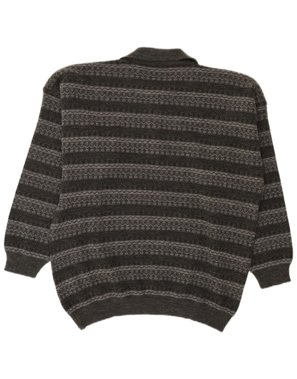 Vintage Mens Polo Neck Jumper Sweater Large Grey Striped