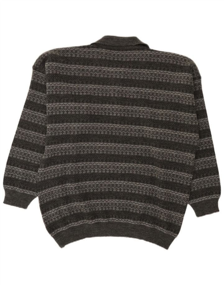 Vintage Mens Polo Neck Jumper Sweater Large Grey Striped
