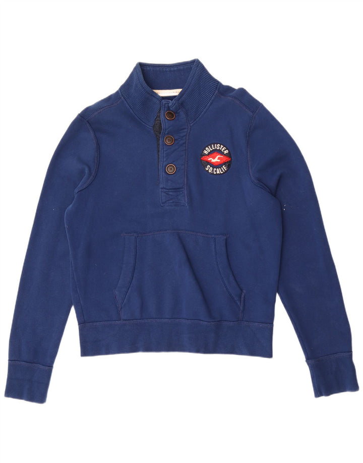 Hollister Mens Button Neck Sweatshirt Jumper Large Blue Cotton
