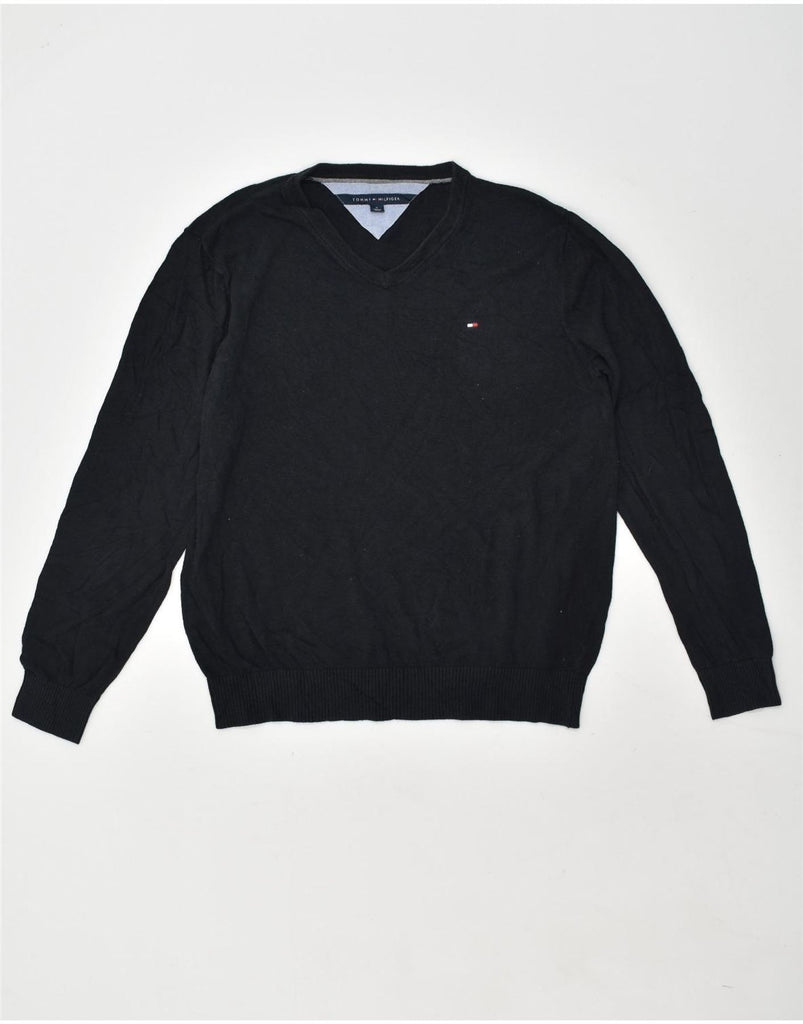 TOMMY HILFIGER Mens V-Neck Jumper Sweater Medium Black Cotton | Vintage Tommy Hilfiger | Thrift | Second-Hand Tommy Hilfiger | Used Clothing | Messina Hembry 