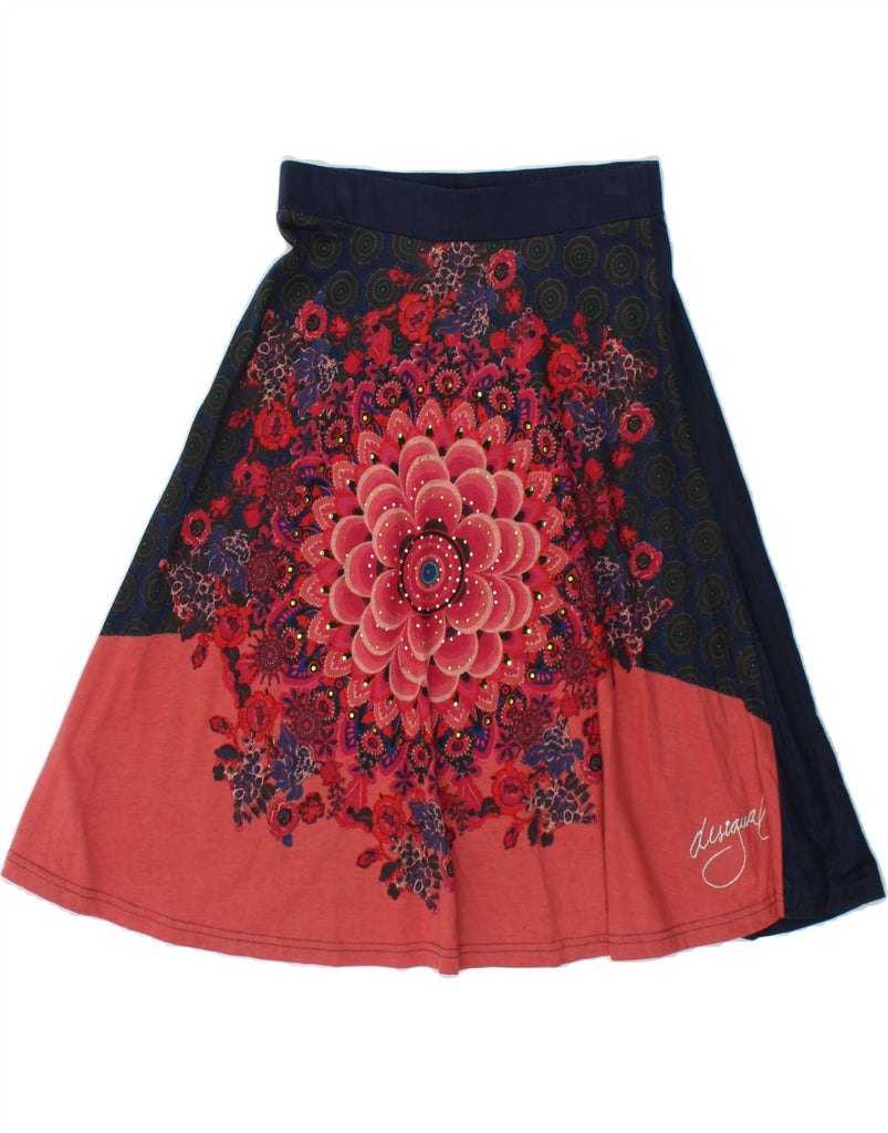 DESIGUAL Womens A-Line Skirt UK 6 XS W25 Navy Blue Floral Cotton Vintage Desigual and Second-Hand Desigual from Messina Hembry 