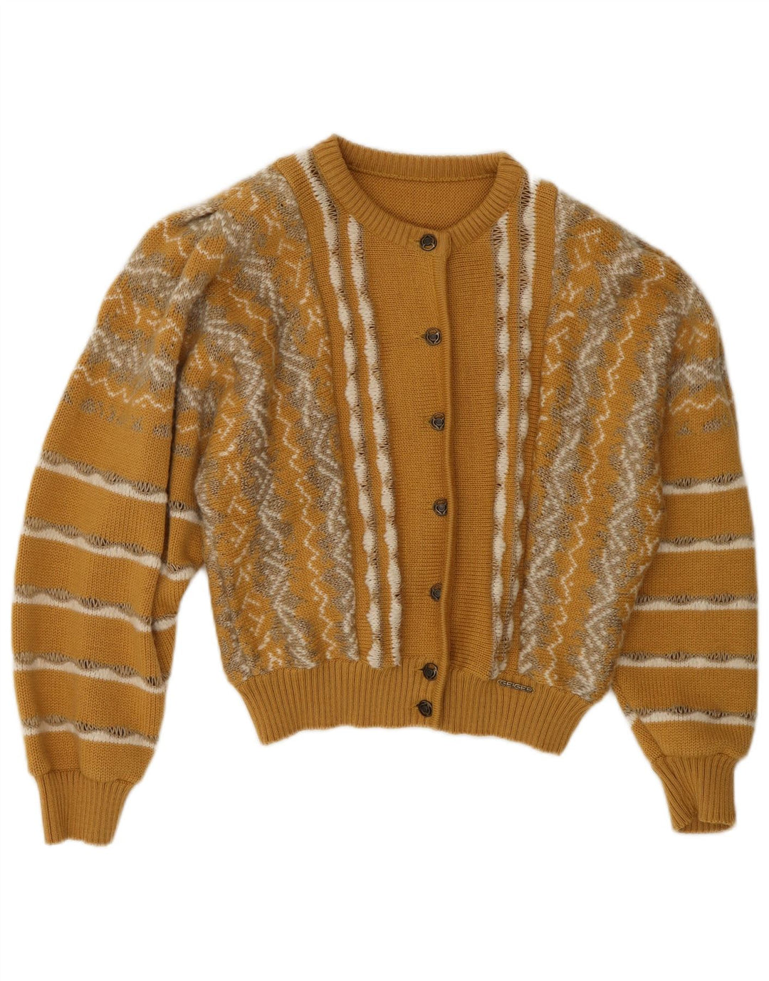 Geiger Womens Crop Cardigan Sweater UK 14 Medium Yellow Striped Wool