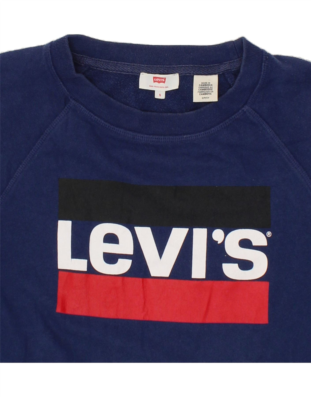 LEVI'S Womens Graphic Sweatshirt Jumper UK 10 Small Navy Blue Vintage Levi's and Second-Hand Levi's from Messina Hembry 