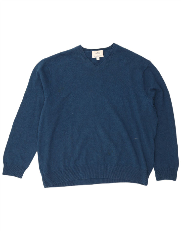 Marks & Spencer Mens V-Neck Jumper Sweater 3XL Blue Wool