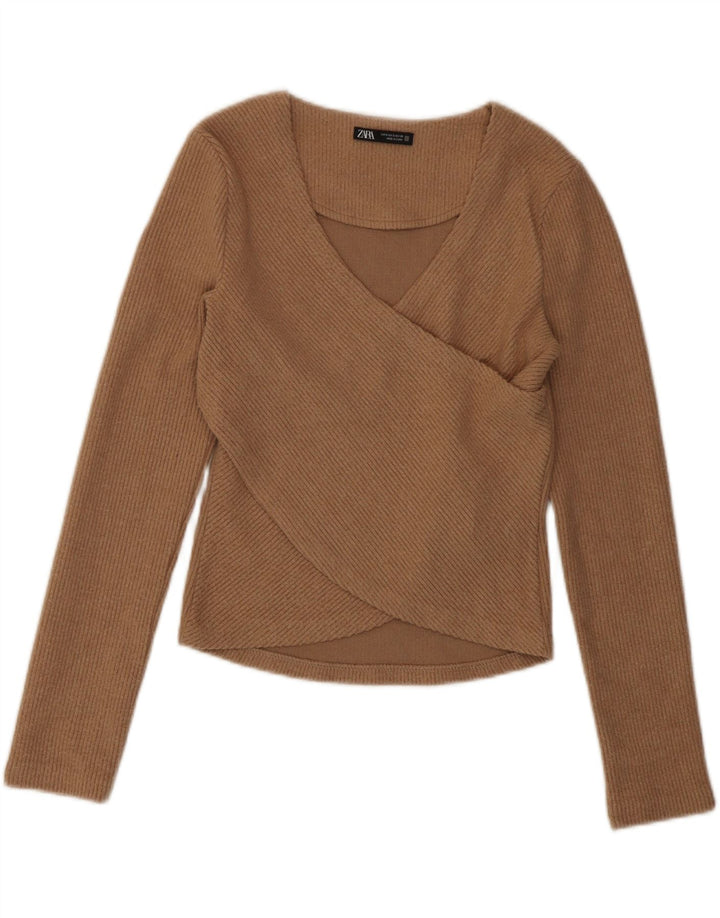 Zara Womens Crop Top Long Sleeve UK 8 Small Brown Polyester