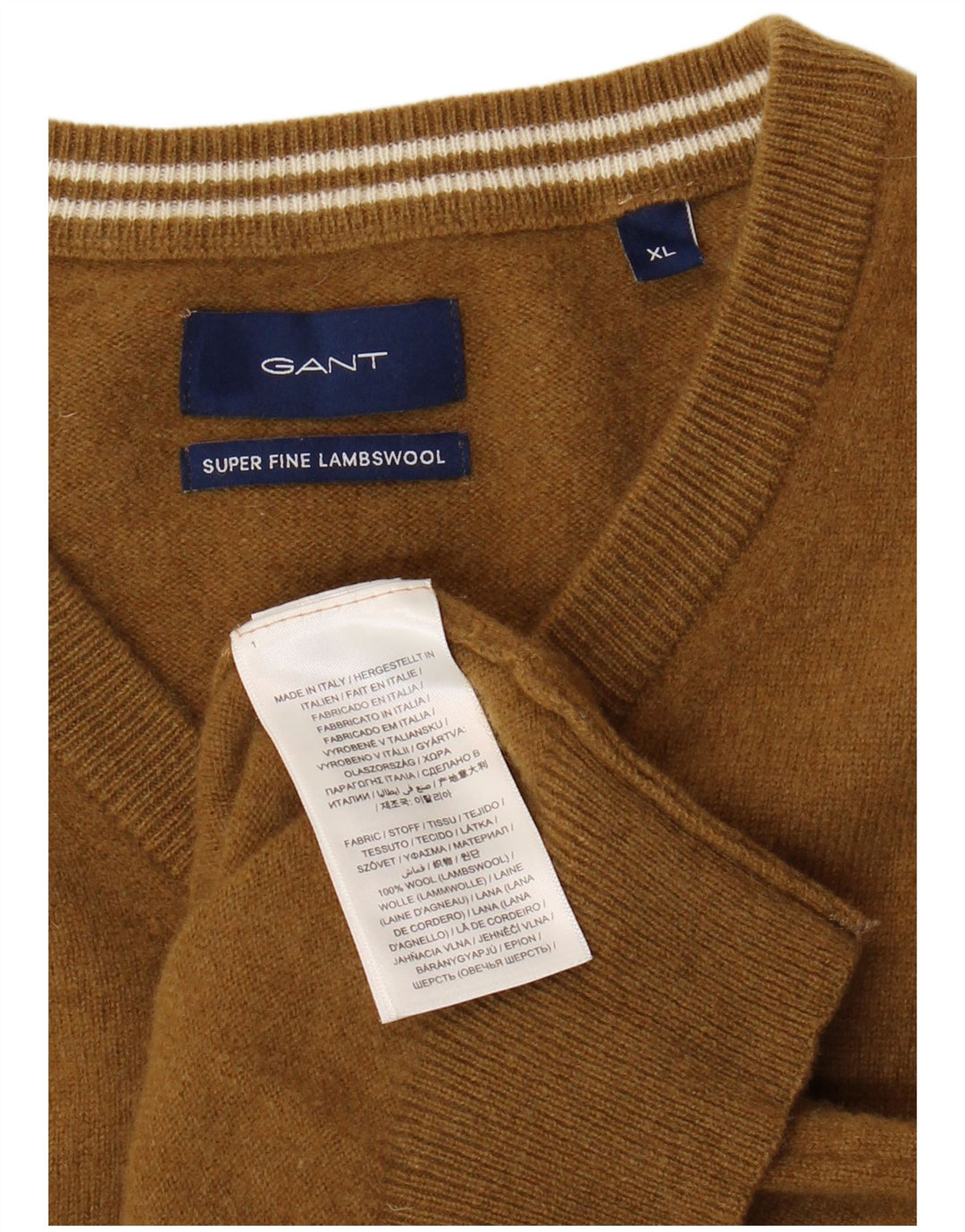 GANT Mens V-Neck Jumper Sweater XL Khaki Lambswool