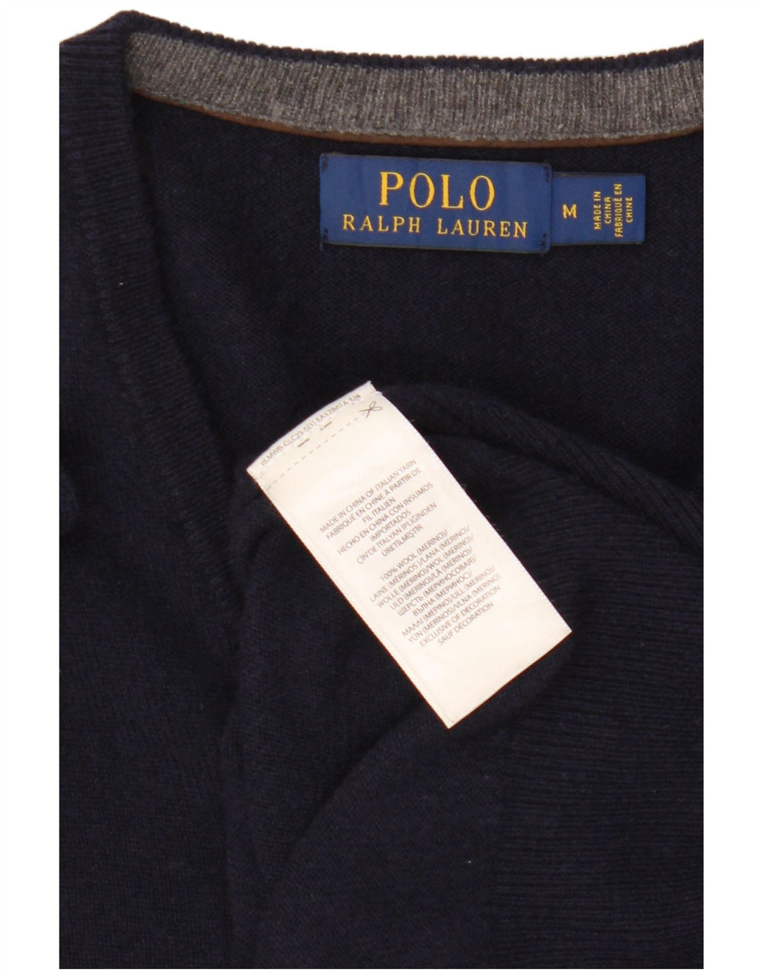 Polo Ralph Lauren Mens V-Neck Jumper Sweater Medium Navy Blue Wool