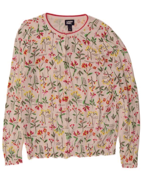 Lands End Womens Cardigan Sweater UK 14 Medium White Floral Cotton