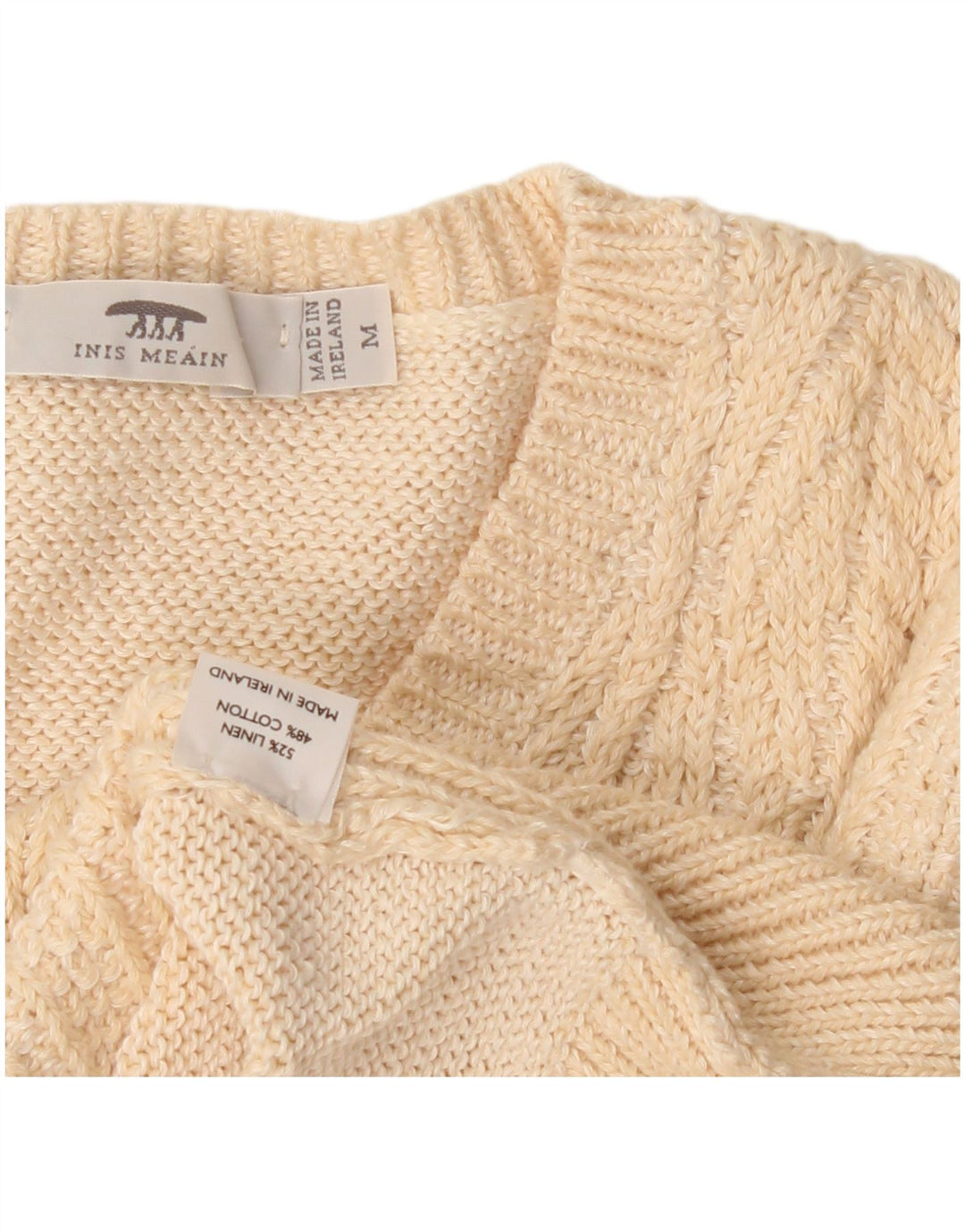 Inis Meain Womens V-Neck Jumper Sweater UK 14 Medium Beige Argyle/Diamond