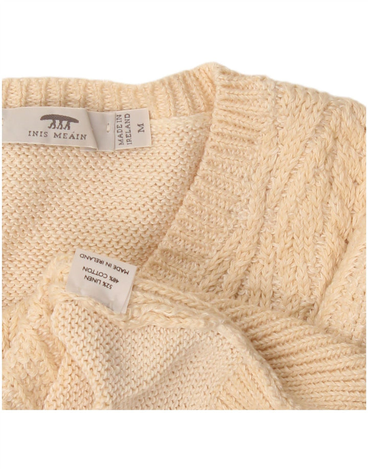 Inis Meain Womens V-Neck Jumper Sweater UK 14 Medium Beige Argyle/Diamond