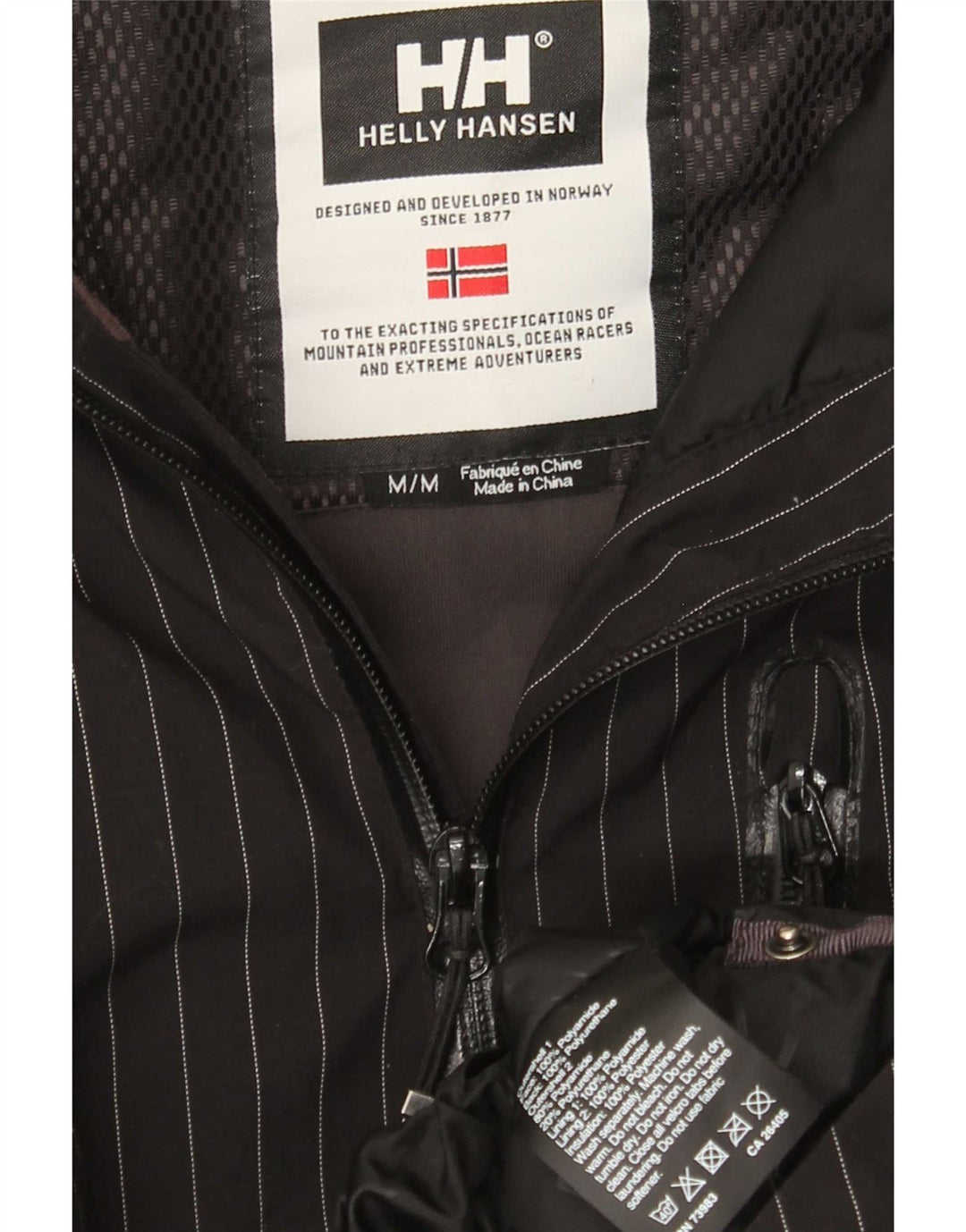 Helly Hansen Mens Graphic Hooded Rain Jacket UK 38 Medium Black Striped