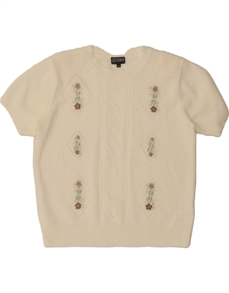 CASAMIA Womens Boat Neck Jumper Sweater UK 14 Medium White Floral Vintage Casamia and Second-Hand Casamia from Messina Hembry 