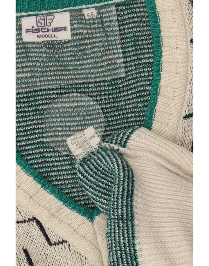 FISCHER Mens V-Neck Jumper Sweater IT 56 2XL Off White Geometric Cotton Vintage Fischer and Second-Hand Fischer from Messina Hembry 